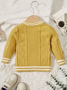 Baby Boy Striped Trim Cable Knit Cardigan - Yellow - View 2