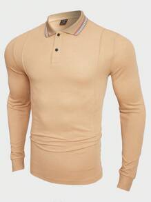 GENTILAND 男士純色針織休閒 Polo 衫 - 卡其色 - 查看 1