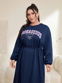 Seusyu 大码女式字母印花运动衫阿拉伯连衣裙 - 藏蓝色 - 查看 3