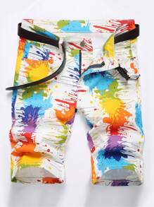 Pantalones cortos de mezclilla sin cinturón con estampado de salpicadura de tinta para hombres - Multicolor - Ver 1