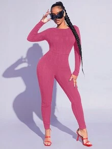 SHEIN SXY 素色露背彈力緊身連體褲 - 玫紅色 - 查看 6