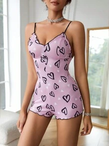 Heart Pattern Cami Sleepwear Jumpsuit With Frill Trimmed - Pink - View 3