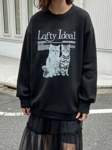 FRIFUL Của phụ nữ Mô hình hoạt hình mèo Thả vai Áo nỉ - màu đen - Xem 4