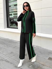 RueChic Ladies' Stripe Stand Collar Drop Shoulder Top And Pants Suit