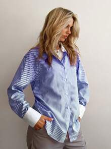 SHEIN Essnce Women's Striped Drop Shoulder Blouse - Blue - View 6