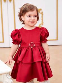 SHEIN Bebis Flicka Elegant Röd Satin Kort Ärm Klänningar - Röd - Visa 5