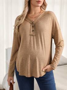 SHEIN Maternity Half Button Drop Shoulder Tee - Apricot - View 4