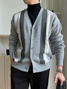 DAZY Men Color Block Drop Shoulder Cardigan Business Attire - Grey - View 7