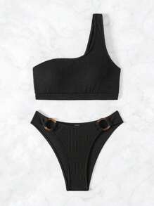 SHEIN Swim Solid Color One Shoulder Bikini Set Summer Beach - Black - View 3