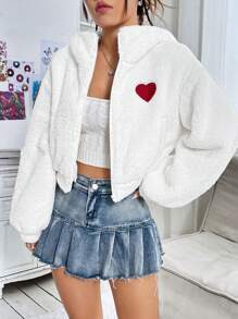 SHEIN EZwear Của phụ nữ Thêu trái tim Tai 3D Túi khóa kéo Sang trọng Ngắn Áo khoác - trắng - Xem 6