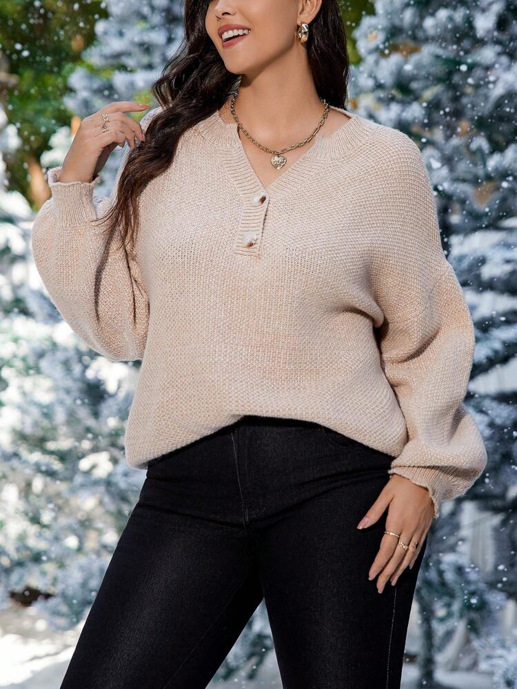 Plus Half Button Drop Shoulder Sweater Knit Pullover Fall Winter Sweater