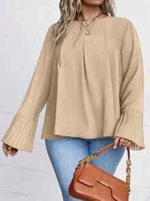 SHEIN LUNE Của phụ nữ Kích thước lớn Xếp li Tay áo loe Áo sơ mi - Màu Khaki - Xem 1