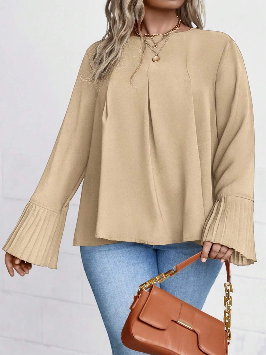 SHEIN LUNE Của phụ nữ Kích thước lớn Xếp li Tay áo loe Áo sơ mi - Màu Khaki - Xem 1