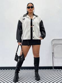 SHEIN EZwear Kích thước lớn Màu sắc Chặn Thả vai Tay áo Áo khoác - Đen và trắng - Xem 6