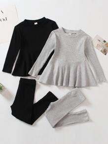 SHEIN Toddler Girls' 2 Sets Of Ribbed Stripe Top & Leggings Outfits - Multicolor - View 1