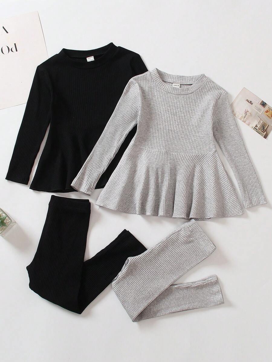 SHEIN Toddler Girls' 2 Sets Of Ribbed Stripe Top & Leggings Outfits - Multicolor - View 1