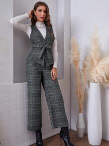 Mulvari Kẻ sọc Thắt lưng Bộ đồ Áo vest Và Quần Bộ - Màu xanh lam - Xem 5