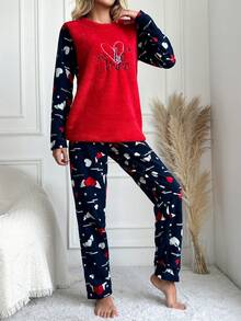 RueChic Letter And Heart Embroidery Flannel Pajama Set - Red - View 3
