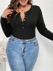 SHEIN LUNE Kích thước lớn Nút phía trước Sọc Áo liền quần chặt - màu đen - Xem 4