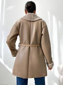 SHEIN Cottnline Women's Fleece Lined Pu Jacket With Patchwork Design - Mocha Brown - View 2