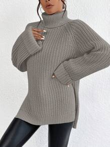 EURMUSE Turtleneck Raglan Sleeve Split Hem Sweater - Grey - View 3