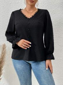 SHEIN Franclia Plus Swiss Dot Guipure Lace Trim Flounce Sleeve Blouse - Black - View 2