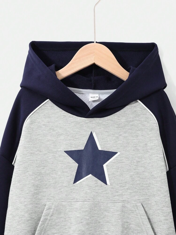 Tween Girl Knit Color Block Raglan Sleeve Sweatshirt With Star Pattern, Loose Fit And Casual Style