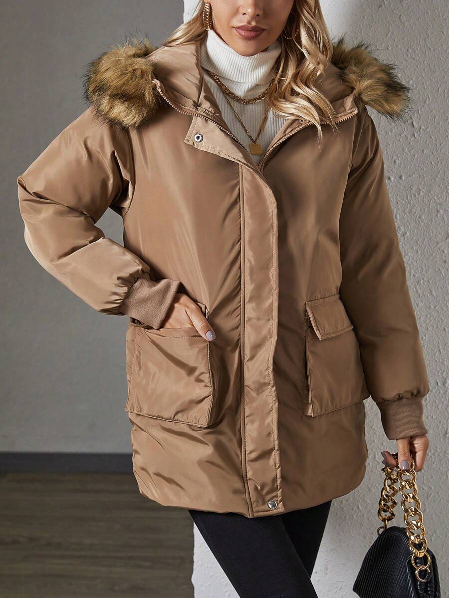 SHEIN LUNE 翻盖口袋毛绒装饰连帽加厚棉服外套衣服冬季 - 摩卡棕 - 查看 1