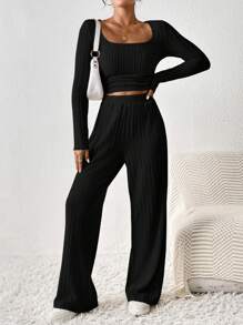 SHEIN Frenchy Bộ Hai Mảnh Áo Crop Top Và Quần Dài Sọc Họa Tiết Vải - màu đen - Xem 4
