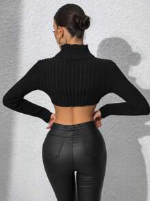 Zolique High Neck Asymmetrical Hem Crop Knit Pullover Fall Winter Sweater - Black - View 2