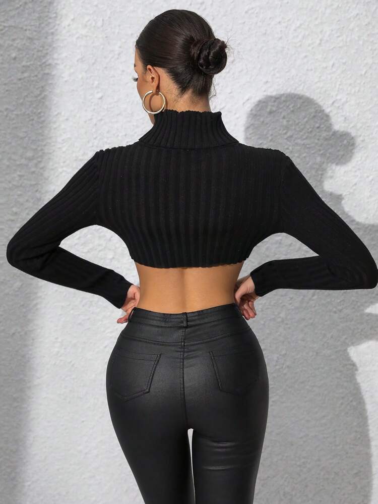 High Neck Asymmetrical Hem Crop Knit Pullover Fall Winter Sweater