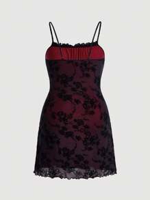 SHEIN MOD Plus Ruched Bust Lettuce Edge Floral Mesh Overlay Cami Dress - Red - View 2
