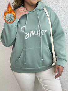 SHEIN LUNE Plus Size Letter Graphic Kangaroo Pocket Drop Shoulder Drawstring Sweatshirt Thermal - Green - View 1