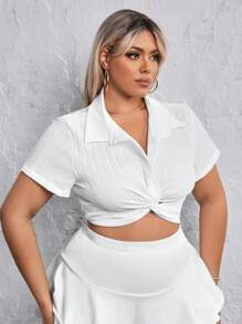 SHEIN SXY Plus Twist Front Crop Blouse - White - View 5
