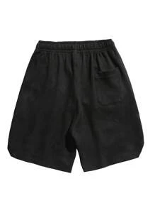 Men's Drawstring Letter Detail Summer Shorts - Black - View 2