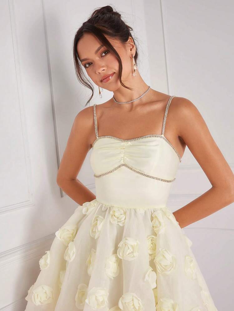 Women's 3d Floral Mesh Hem & Rhinestone Detail Spaghetti Strap Dress