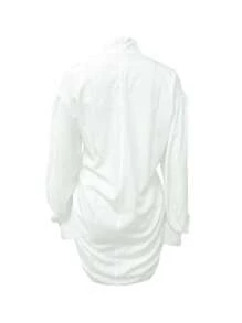 Women's Mandarin Collar Loose Solid Color Lantern Sleeve Side Ruched Dress, Street Fashion