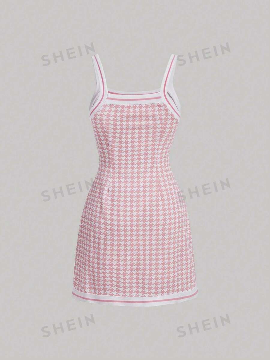 SHEIN MOD Houndstooth Print Contrast Binding Cami Dress SHEIN USA