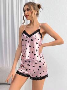 Heart Print Lace Trim Satin PJ Set - Multicolor - View 6