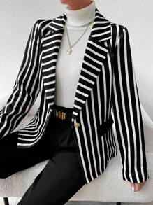 SHEIN Frenchy Striped Print Single Button Blazer - Black - View 1