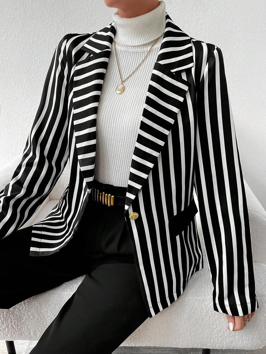 SHEIN Frenchy Striped Print Single Button Blazer - Black - View 1