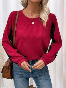 SHEIN LUNE Color Block Sequin Patchwork T-shirt - Burgundy - View 6