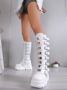 秋冬女式时尚厚底坡跟过膝长靴，带保暖内衬、拉链、金属扣、防水、圆头、舒适、黑色、大码、Y2K风格、圣诞节穿搭