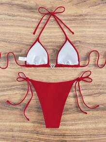 SHEIN Swim Conjunto de bikini de triángulo con escote halter en forma de corazón para playa de verano