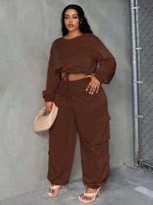 Slaydiva Kích thước lớn Hem Dây rút Hoodie Và Quần thể thao Bộ - màu nâu - Xem 3