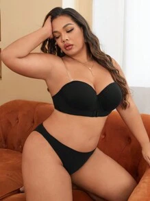 Plus Transparent Strap Push Up Bra - Black - View 3