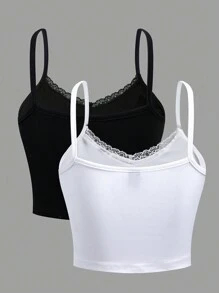 Flirla 2pcs Lace Trim Cami Top