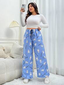 SHEIN EZwear 大碼女士字母和小熊印花束口腰可愛褲子 - 彩色 - 查看 3
