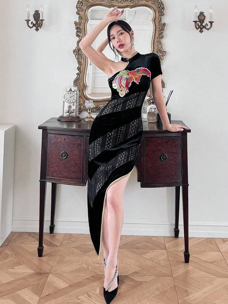 Phoenix Embroidery & Lace Splicing One Shoulder Dress