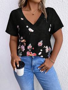 Camiseta De Manga Corta Con Cuello En V Y Estampado Floral De Talla Grande - Negro - Ver 6